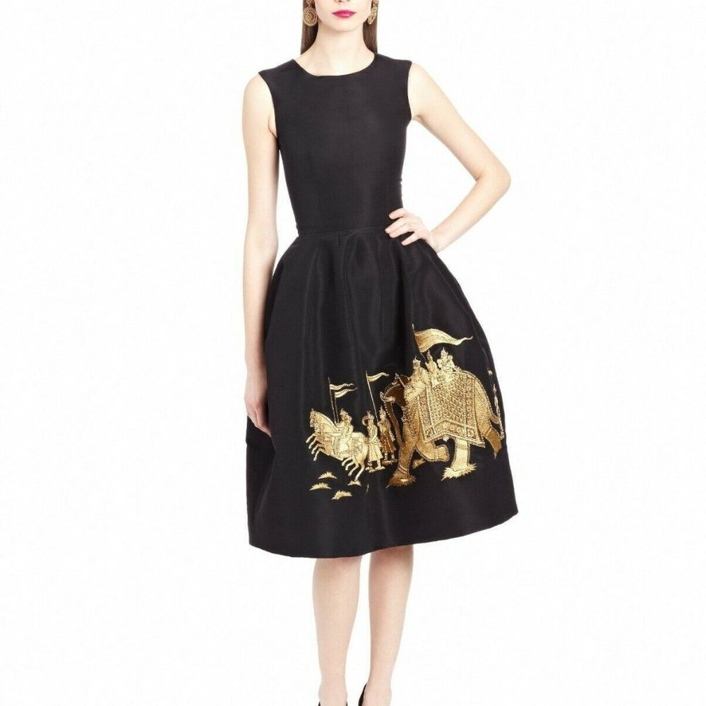 $6,000 OSCAR DE LA RENTA BLACK SILK GOLD ELEPHANT EMBROID RUNW DRESS US 6